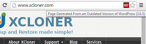 The XCloner website is running WordPress 3.0.5