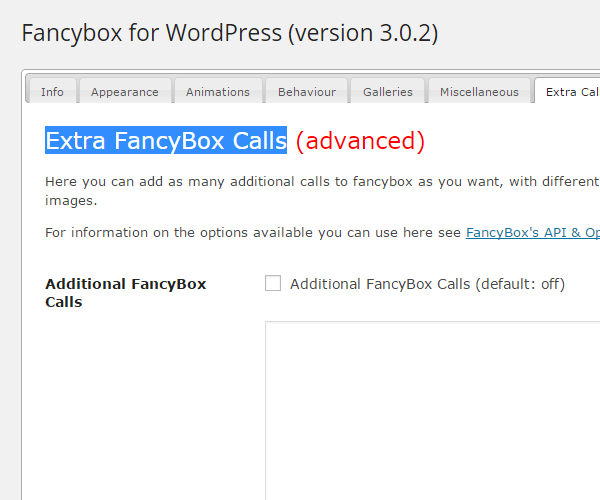 Fancybox for WordPress Extra Calls Settings Page