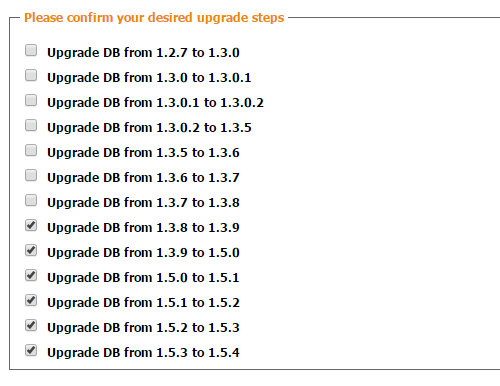 Zen Cart Database Upgrade Selections