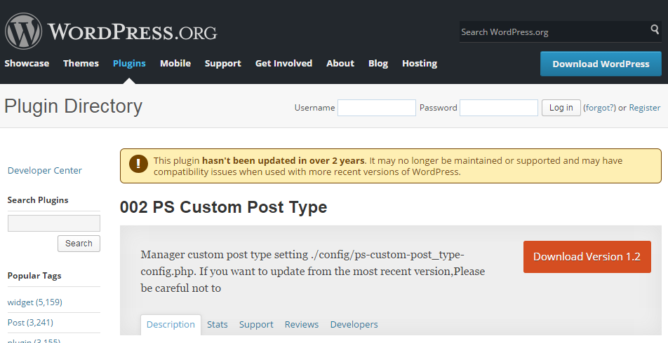 Warning shown in the WordPress.org Plugin Directory when plugin hasn't been updated in over two years.